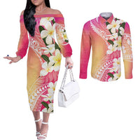 Aloha Hawaii Festive Couples Matching Off The Shoulder Long Sleeve Dress and Long Sleeve Button Shirt Frangipani Lace Classic - Spring Vibes LT7 Colorful - Polynesian Pride