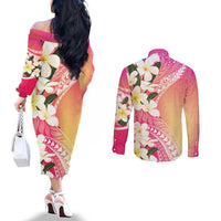 Aloha Hawaii Festive Couples Matching Off The Shoulder Long Sleeve Dress and Long Sleeve Button Shirt Frangipani Lace Classic - Spring Vibes LT7 - Polynesian Pride