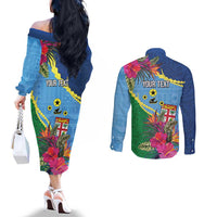 Personalized Malampa Fiji Day Together We Grow Couples Matching Off The Shoulder Long Sleeve Dress and Long Sleeve Button Shirt Special Tapa Mix LT7 - Polynesian Pride