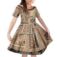Samoa Siapo Motif Family Matching Off Shoulder Short Dress and Hawaiian Shirt Classic Style LT7 Daughter's Dress Beige - Polynesian Pride