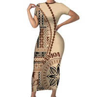 Samoa Siapo Motif Family Matching Short Sleeve Bodycon Dress and Hawaiian Shirt Classic Style LT7 Mom's Dress Beige - Polynesian Pride
