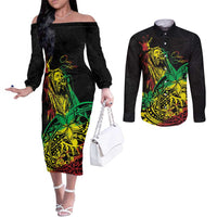 Personalised Reggae Jawaiian Festive Couples Matching Off The Shoulder Long Sleeve Dress and Long Sleeve Button Shirt Mix Polynesian LT7 Reggae - Polynesian Pride