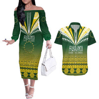 Cook Islands Rugby Custom Couples Matching Off The Shoulder Long Sleeve Dress and Hawaiian Shirt Kuki Avaiki LT7 Yellow Green - Polynesian Pride