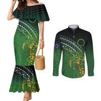 Cook Islands Rugby Kuki Avaiki Couples Matching Mermaid Dress and Long Sleeve Button Shirt Tribal Turtle LT7 Dark Green - Polynesian Pride
