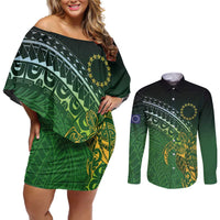 Cook Islands Rugby Kuki Avaiki Couples Matching Off Shoulder Short Dress and Long Sleeve Button Shirt Tribal Turtle LT7 Dark Green - Polynesian Pride