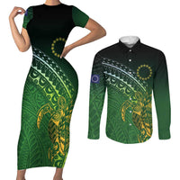 Cook Islands Rugby Kuki Avaiki Couples Matching Short Sleeve Bodycon Dress and Long Sleeve Button Shirt Tribal Turtle LT7 Dark Green - Polynesian Pride