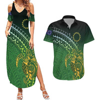Cook Islands Rugby Kuki Avaiki Couples Matching Summer Maxi Dress and Hawaiian Shirt Tribal Turtle LT7 Dark Green - Polynesian Pride