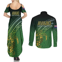 Cook Islands Rugby Kuki Avaiki Couples Matching Summer Maxi Dress and Long Sleeve Button Shirt Tribal Turtle LT7 - Polynesian Pride