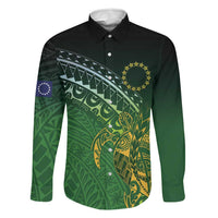 Cook Islands Rugby Kuki Avaiki Family Matching Off The Shoulder Long Sleeve Dress and Hawaiian Shirt Tribal Turtle LT7 Dad's Shirt - Long Sleeve Dark Green - Polynesian Pride