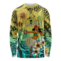 Honolulu Hawaii Long Sleeve Shirt Ilima Plumeria with Hula Girl LT7 Unisex Colorful - Polynesian Pride