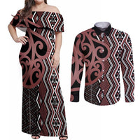 Maori Taniko Patterns Couples Matching Off Shoulder Maxi Dress and Long Sleeve Button Shirt Brown Patiki Motifs Mix Whakairo Ngaru LT7 Brown - Polynesian Pride