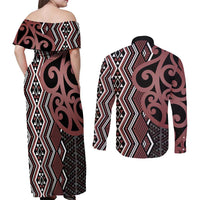 Maori Taniko Patterns Couples Matching Off Shoulder Maxi Dress and Long Sleeve Button Shirt Brown Patiki Motifs Mix Whakairo Ngaru LT7 - Polynesian Pride