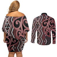 Maori Taniko Patterns Couples Matching Off Shoulder Short Dress and Long Sleeve Button Shirt Brown Patiki Motifs Mix Whakairo Ngaru LT7 - Polynesian Pride