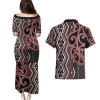 Maori Taniko Patterns Couples Matching Puletasi and Hawaiian Shirt Brown Patiki Motifs Mix Whakairo Ngaru LT7 - Polynesian Pride