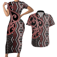 Maori Taniko Patterns Couples Matching Short Sleeve Bodycon Dress and Hawaiian Shirt Brown Patiki Motifs Mix Whakairo Ngaru LT7 Brown - Polynesian Pride