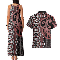 Maori Taniko Patterns Couples Matching Tank Maxi Dress and Hawaiian Shirt Brown Patiki Motifs Mix Whakairo Ngaru LT7 - Polynesian Pride
