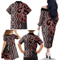 Maori Taniko Patterns Family Matching Off The Shoulder Long Sleeve Dress and Hawaiian Shirt Brown Patiki Motifs Mix Whakairo Ngaru LT7 - Polynesian Pride