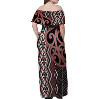 Maori Taniko Patterns Family Matching Off Shoulder Maxi Dress and Hawaiian Shirt Brown Patiki Motifs Mix Whakairo Ngaru LT7 - Polynesian Pride