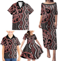 Maori Taniko Patterns Family Matching Puletasi and Hawaiian Shirt Brown Patiki Motifs Mix Whakairo Ngaru LT7 - Polynesian Pride