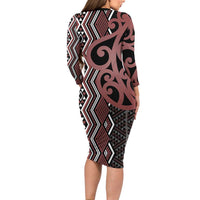 Maori Taniko Patterns Long Sleeve Bodycon Dress Brown Patiki Motifs Mix Whakairo Ngaru LT7 - Polynesian Pride