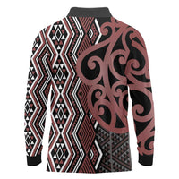 Maori Taniko Patterns Long Sleeve Polo Shirt Brown Patiki Motifs Mix Whakairo Ngaru LT7 - Polynesian Pride