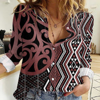 Maori Taniko Patterns Women Casual Shirt Brown Patiki Motifs Mix Whakairo Ngaru LT7 Female Brown - Polynesian Pride