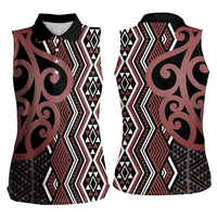 Maori Taniko Patterns Women Sleeveless Polo Shirt Brown Patiki Motifs Mix Whakairo Ngaru LT7 - Polynesian Pride