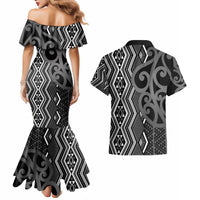 Maori Taniko Patterns Couples Matching Mermaid Dress and Hawaiian Shirt Black Patiki Motifs Mix Whakairo Ngaru LT7 - Polynesian Pride