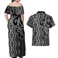 Maori Taniko Patterns Couples Matching Off Shoulder Maxi Dress and Hawaiian Shirt Black Patiki Motifs Mix Whakairo Ngaru LT7 - Polynesian Pride