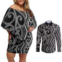 Maori Taniko Patterns Couples Matching Off Shoulder Short Dress and Long Sleeve Button Shirt Black Patiki Motifs Mix Whakairo Ngaru LT7 Black - Polynesian Pride