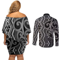 Maori Taniko Patterns Couples Matching Off Shoulder Short Dress and Long Sleeve Button Shirt Black Patiki Motifs Mix Whakairo Ngaru LT7 - Polynesian Pride