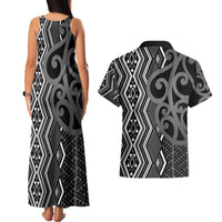 Maori Taniko Patterns Couples Matching Tank Maxi Dress and Hawaiian Shirt Black Patiki Motifs Mix Whakairo Ngaru LT7 - Polynesian Pride