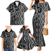 Maori Taniko Patterns Family Matching Mermaid Dress and Hawaiian Shirt Black Patiki Motifs Mix Whakairo Ngaru LT7 - Polynesian Pride