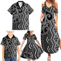 Maori Taniko Patterns Family Matching Summer Maxi Dress and Hawaiian Shirt Black Patiki Motifs Mix Whakairo Ngaru LT7 - Polynesian Pride