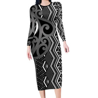 Maori Taniko Patterns Long Sleeve Bodycon Dress Black Patiki Motifs Mix Whakairo Ngaru LT7 Long Dress Black - Polynesian Pride