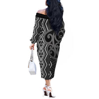 Maori Taniko Patterns Off The Shoulder Long Sleeve Dress Black Patiki Motifs Mix Whakairo Ngaru LT7 - Polynesian Pride