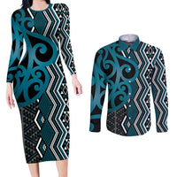 Maori Taniko Patterns Couples Matching Long Sleeve Bodycon Dress and Long Sleeve Button Shirt Azure Patiki Motifs Mix Whakairo Ngaru LT7 Azure - Polynesian Pride