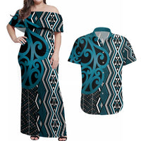 Maori Taniko Patterns Couples Matching Off Shoulder Maxi Dress and Hawaiian Shirt Azure Patiki Motifs Mix Whakairo Ngaru LT7 Azure - Polynesian Pride