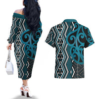 Maori Taniko Patterns Couples Matching Off The Shoulder Long Sleeve Dress and Hawaiian Shirt Azure Patiki Motifs Mix Whakairo Ngaru LT7 - Polynesian Pride