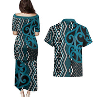 Maori Taniko Patterns Couples Matching Puletasi and Hawaiian Shirt Azure Patiki Motifs Mix Whakairo Ngaru LT7 - Polynesian Pride