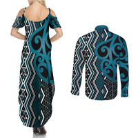 Maori Taniko Patterns Couples Matching Summer Maxi Dress and Long Sleeve Button Shirt Azure Patiki Motifs Mix Whakairo Ngaru LT7 - Polynesian Pride