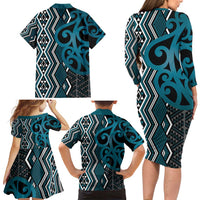 Maori Taniko Patterns Family Matching Long Sleeve Bodycon Dress and Hawaiian Shirt Azure Patiki Motifs Mix Whakairo Ngaru LT7 - Polynesian Pride