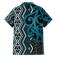Maori Taniko Patterns Family Matching Off The Shoulder Long Sleeve Dress and Hawaiian Shirt Azure Patiki Motifs Mix Whakairo Ngaru LT7 - Polynesian Pride