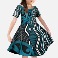 Maori Taniko Patterns Family Matching Off Shoulder Maxi Dress and Hawaiian Shirt Azure Patiki Motifs Mix Whakairo Ngaru LT7 Daughter's Dress Azure - Polynesian Pride