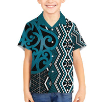 Maori Taniko Patterns Family Matching Off Shoulder Maxi Dress and Hawaiian Shirt Azure Patiki Motifs Mix Whakairo Ngaru LT7 Son's Shirt Azure - Polynesian Pride