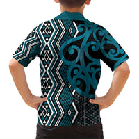 Maori Taniko Patterns Family Matching Off Shoulder Short Dress and Hawaiian Shirt Azure Patiki Motifs Mix Whakairo Ngaru LT7 - Polynesian Pride