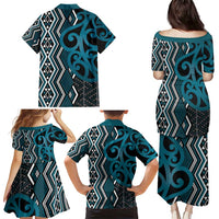 Maori Taniko Patterns Family Matching Puletasi and Hawaiian Shirt Azure Patiki Motifs Mix Whakairo Ngaru LT7 - Polynesian Pride