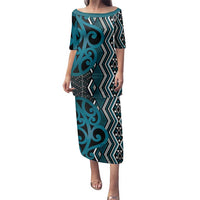Maori Taniko Patterns Family Matching Puletasi and Hawaiian Shirt Azure Patiki Motifs Mix Whakairo Ngaru LT7 Mom's Dress Azure - Polynesian Pride