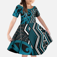 Maori Taniko Patterns Kid Short Sleeve Dress Azure Patiki Motifs Mix Whakairo Ngaru LT7 KID Azure - Polynesian Pride