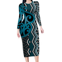 Maori Taniko Patterns Long Sleeve Bodycon Dress Azure Patiki Motifs Mix Whakairo Ngaru LT7 Long Dress Azure - Polynesian Pride
